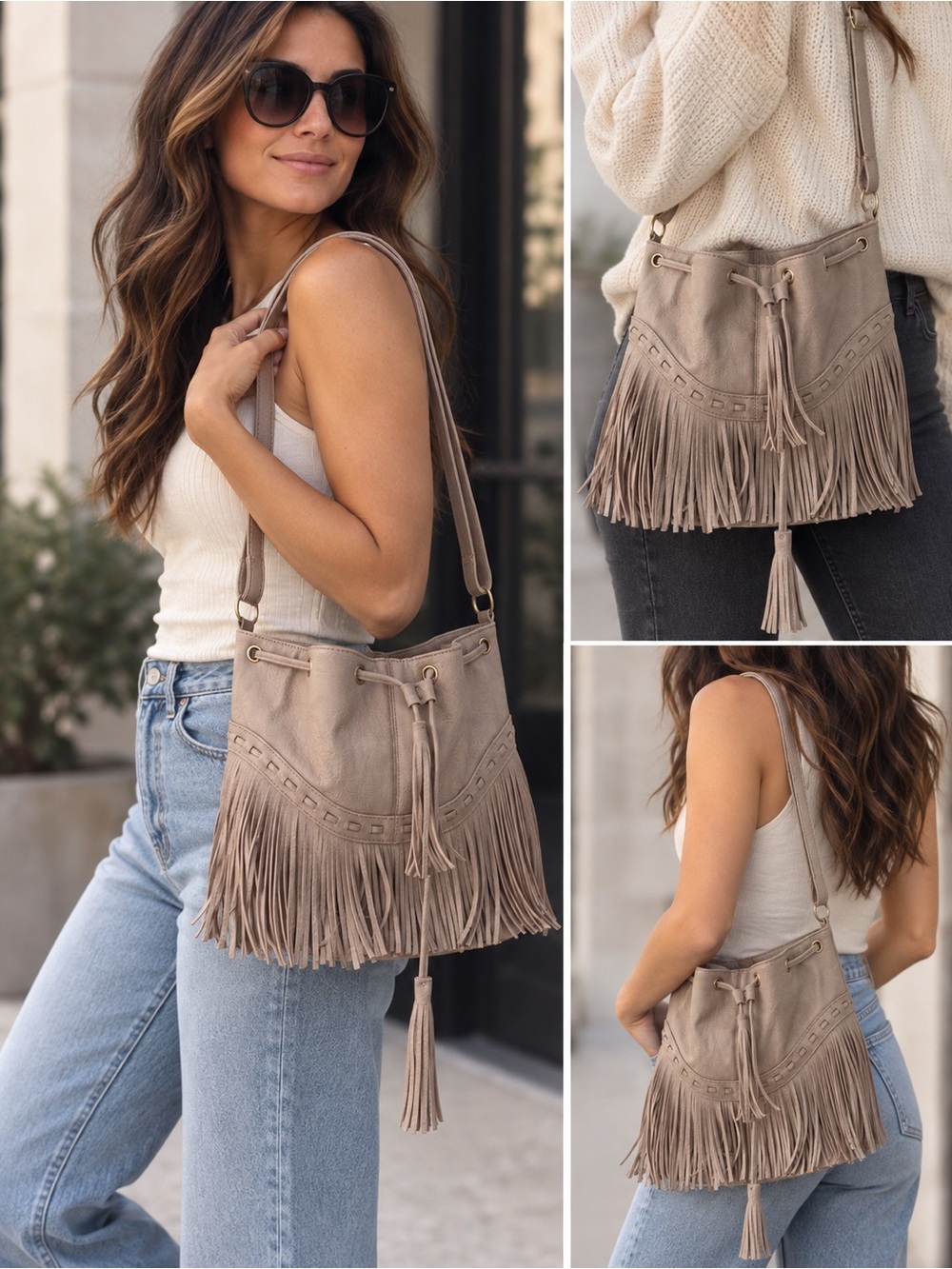 Fringe Drawstring Shoulder Bag - Taupe
